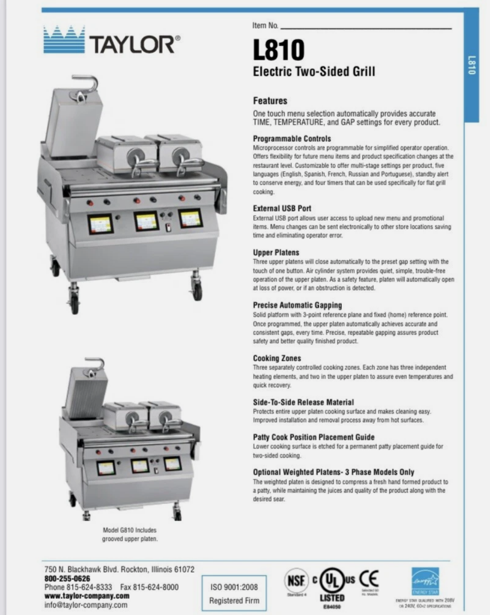 BRAND NEW TAYLOR L810 CLAMSHELL GRILL